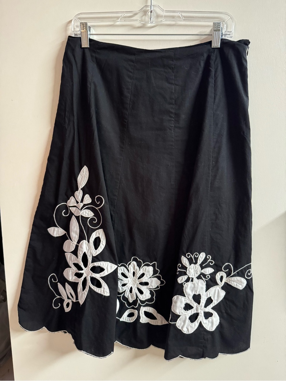 Black A-Line Skirt with White Floral Embroidery